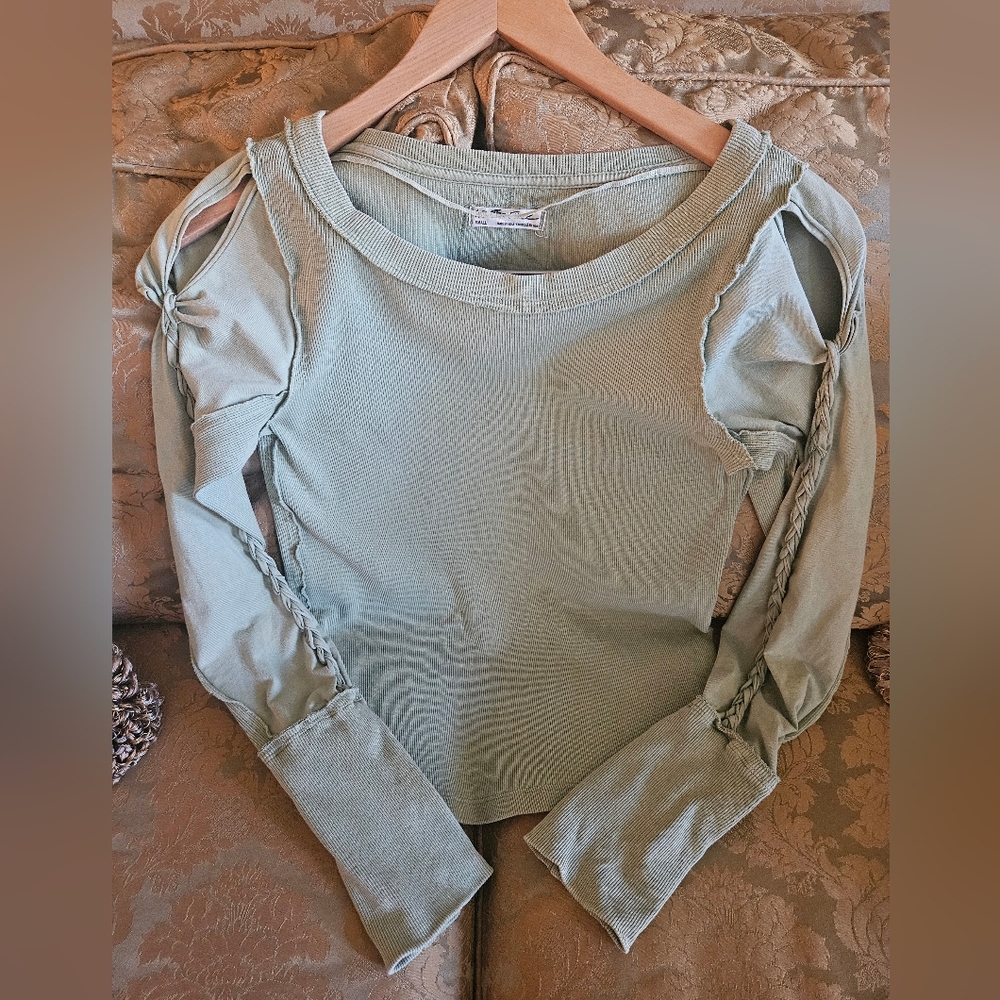 NWOT Free People Cutout Braided Sleeve Long Sleeve Top In Sage